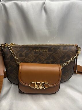 Michael Kors Brown Logo and Tan Leather Dual Crossbody Bag